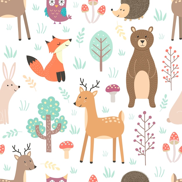 Forest seamless pattern with cute animals - fox, deer, bear, rabbit, hedgehog and owl. 