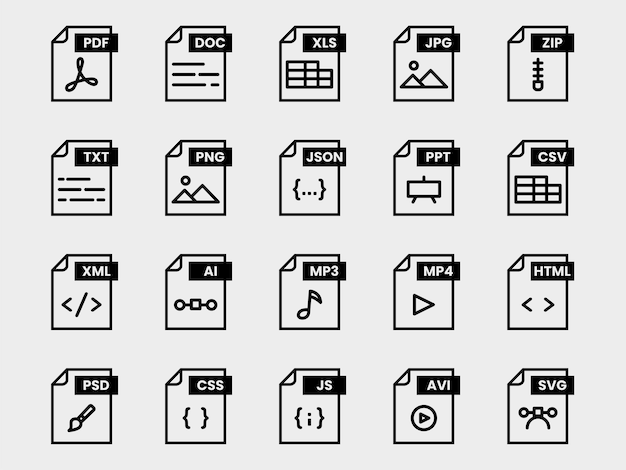 Format file dokumen folder pdf doc xls jpg zip txt png json ppt csv xml ai mp3 mp4 html psd css js