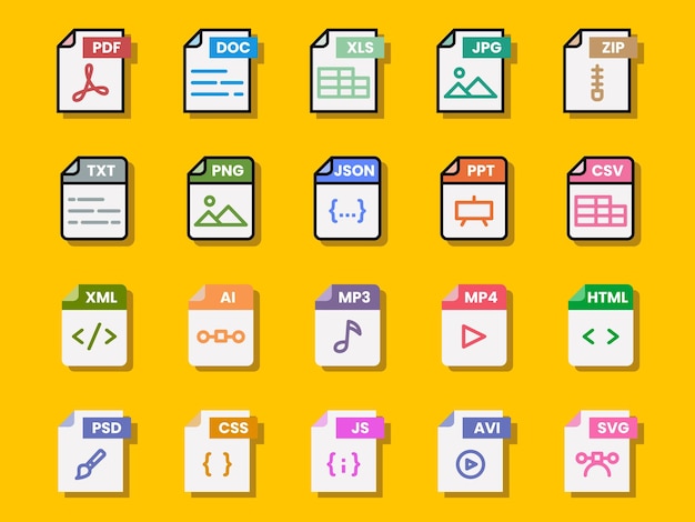 Format file dokumen folder pdf doc xls jpg zip txt png json ppt csv xml ai mp3 mp4 html psd css js