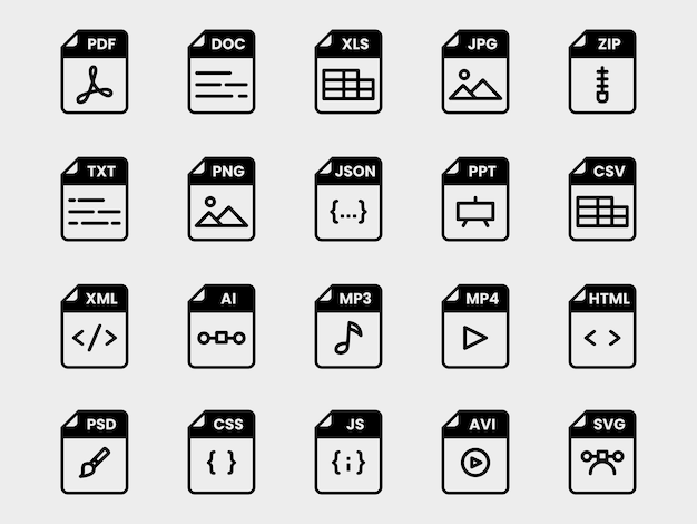 Format file dokumen folder pdf doc xls jpg zip txt png json ppt csv xml ai mp3 mp4 html psd css js