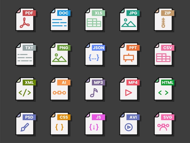 Format file dokumen folder pdf doc xls jpg zip txt png json ppt csv xml ai mp3 mp4 html psd css js