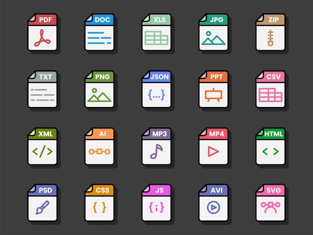Format file dokumen folder pdf doc xls jpg zip txt png json ppt csv xml ai mp3 mp4 html psd css js