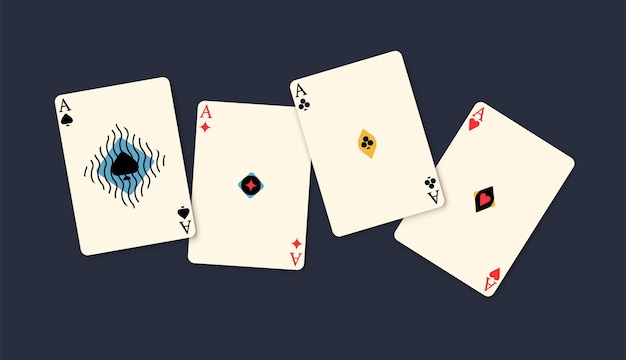 four aces winning poker hand isolated on black background. playing card game combination ace of different stripes editorial vector flat illustration. gambling winner chance four of a kind compound.