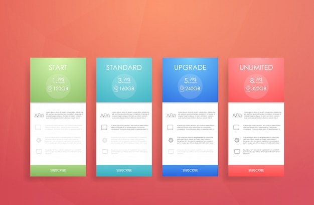 Four banner for the clouded sky service. Price list, hosting plans and web boxes 