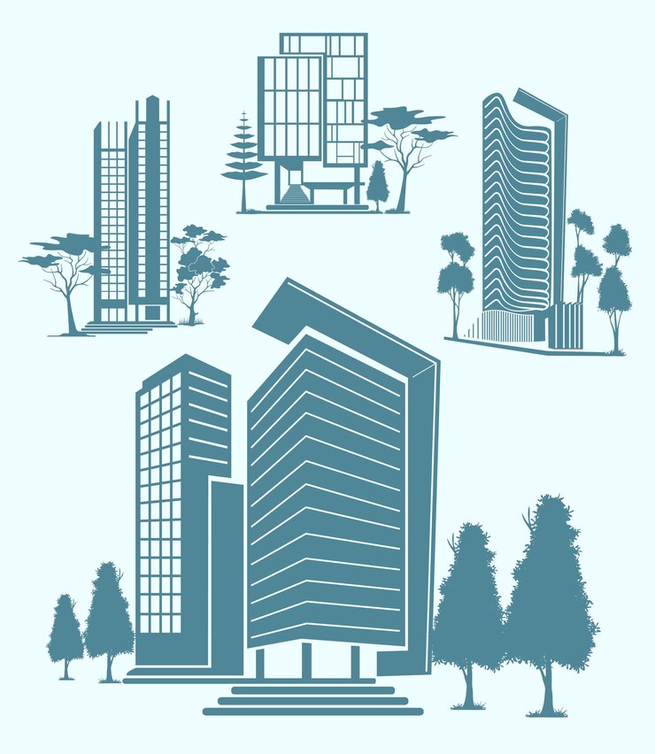 Vector four blue building and tree silhouette collection