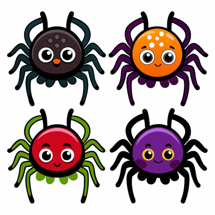 Vector four cute cartoon spiders with different colors and patterns