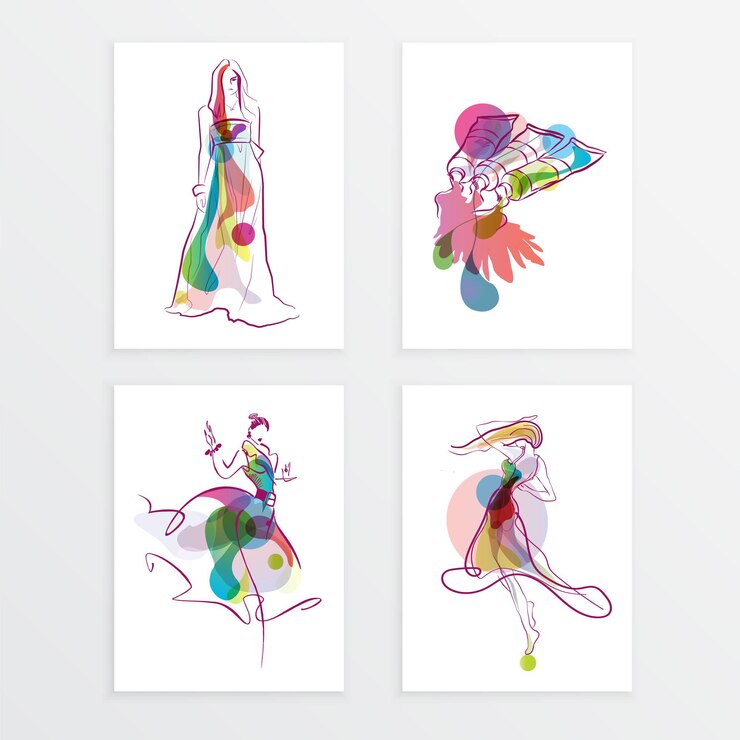 four fashionable color paintings on the wall with girls and paints