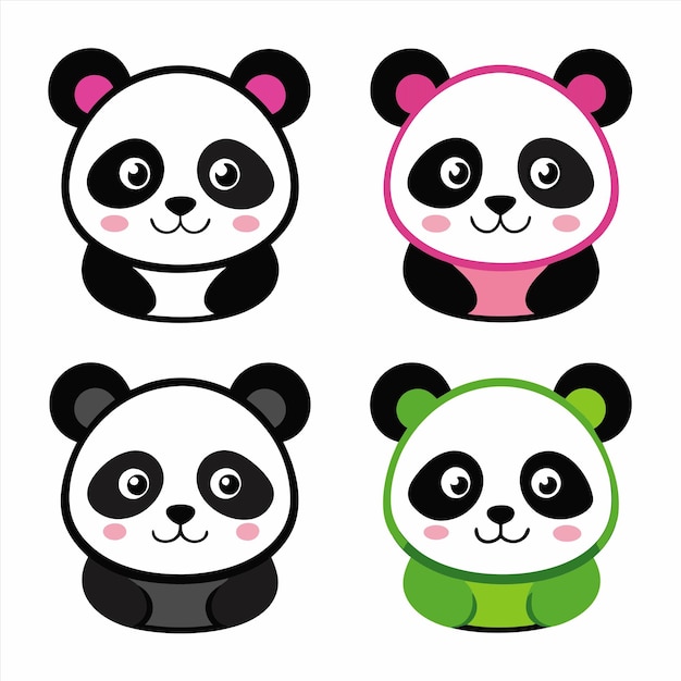 four pandas are shown with different colors and one has a green sweater on it