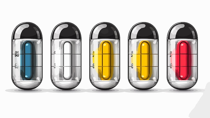 Vector four pill bottles with yellow light inside of them