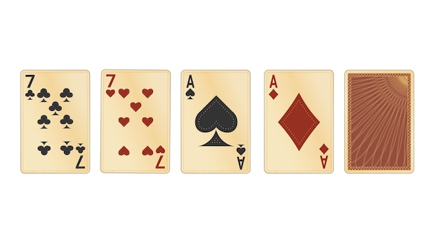 four playing cards with one being the number 7 on it
