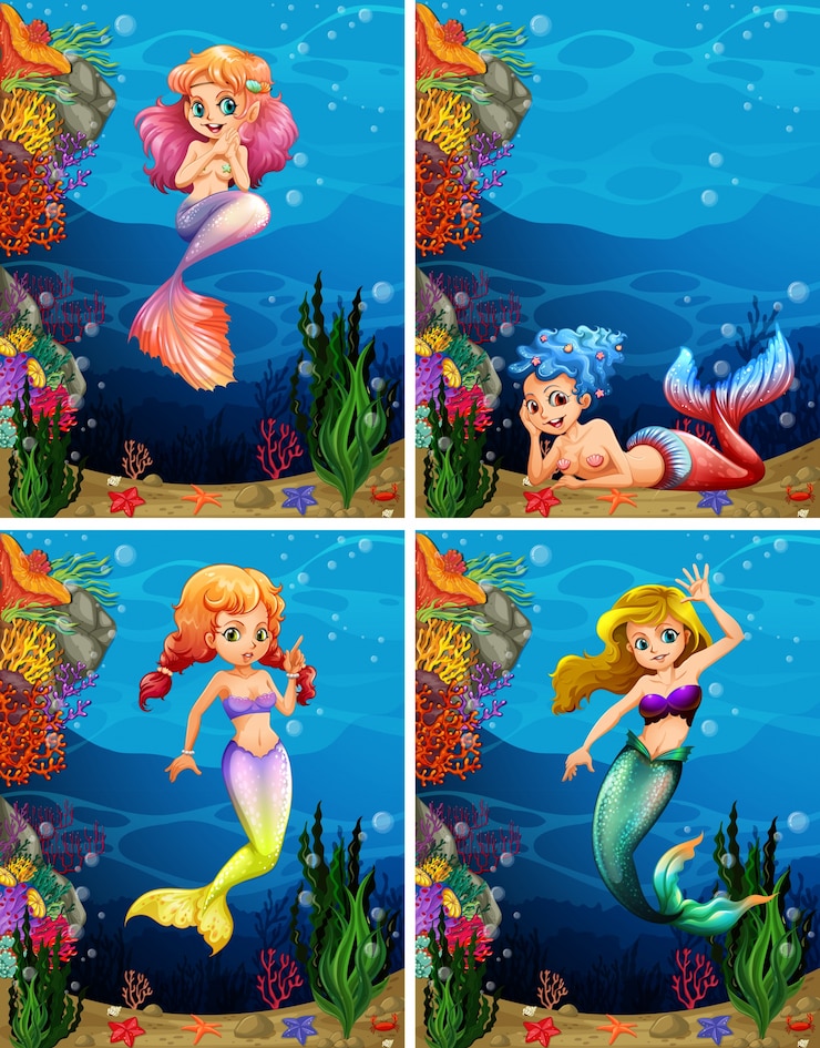Vector four scenes of mermaid swimming under the sea