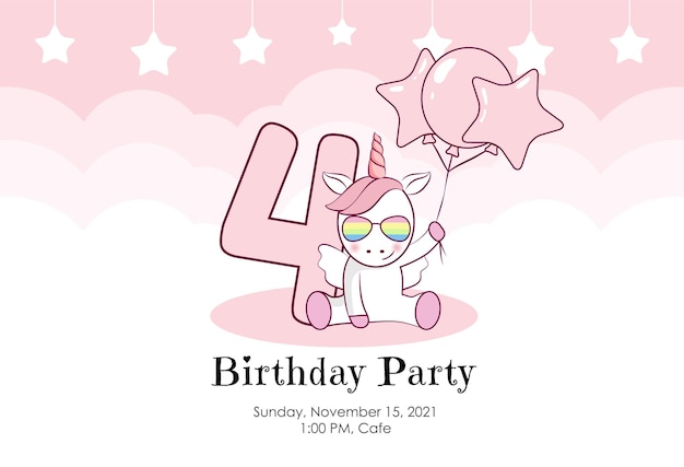 Four year of birth. Birthday invitation for baby girl cute unicorn balloons and clouds in pink