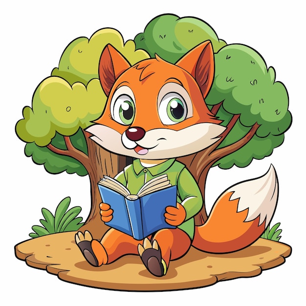 Fox Under Tree Cartoon Vector Graphic