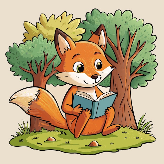 Fox Under Tree Reading Book Cartoon Vector Art