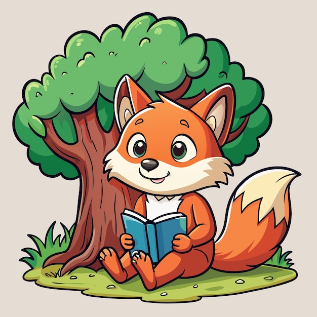 fox under tree reading book cartoon vector art
