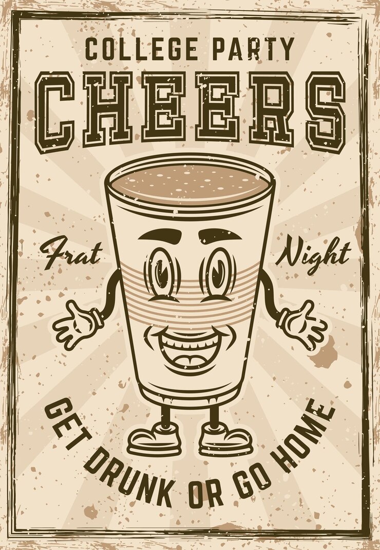 Fraternity collage party vintage invitation poster with plastic cup of beer cartoon smiling character vector illustration Layered separate grunge texture and text
