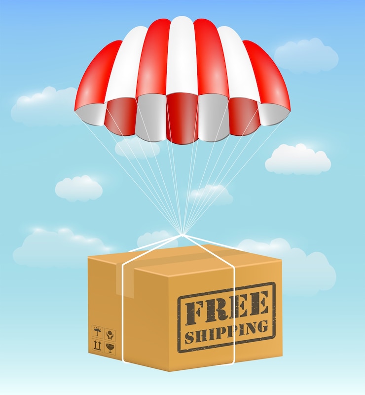 Vector free shipping package carton box with parachute
