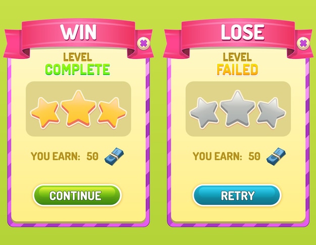 Free vector game ui design you win and lose panel with buttons
