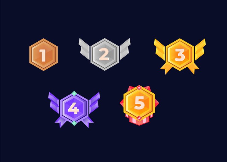 Free vector golden silver and bronze blank medals hanging on blue ribbons isolated on dark backgroun