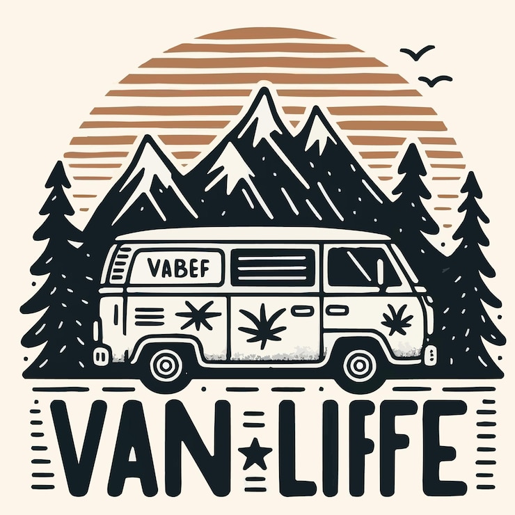 Vector free vector vanlifer van life lettering decor mountains sunset and forest landscape