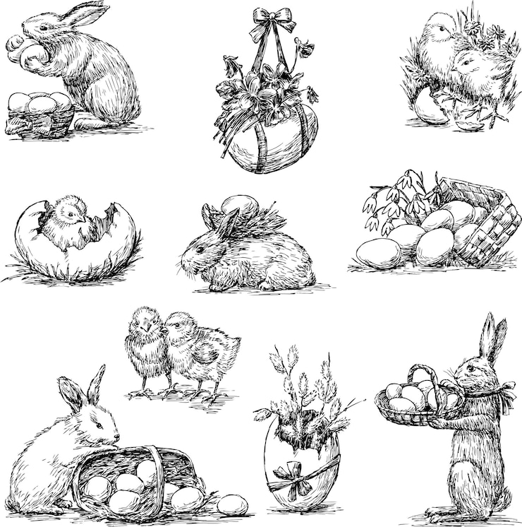 Vector freehand drawings of various vintage easter pictures