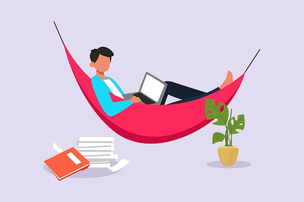 freelancer working from home or beach at relaxed pace convenient workplace concept colored flat vector illustration isolated