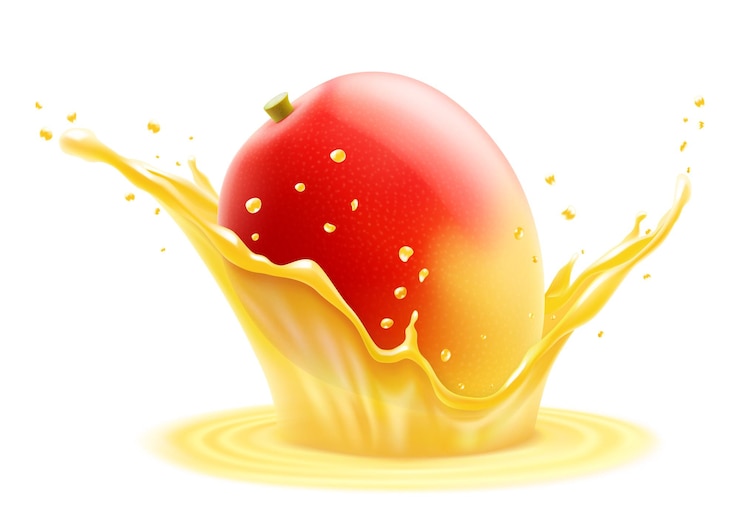 Vector fresh ripe exotic mango falls into a splash of juice isolated on white background realistic