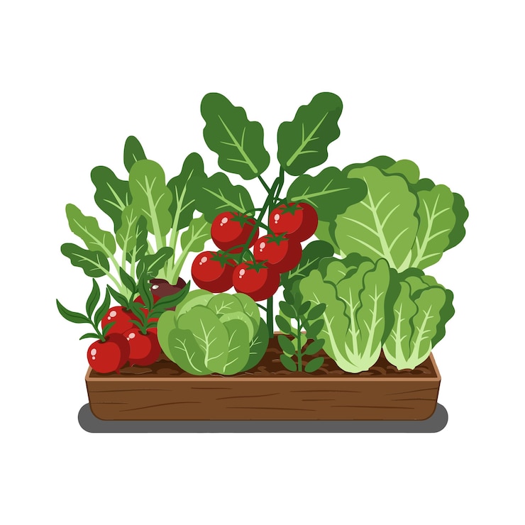 Vector fresh vegetable garden with tomatoes and leafy greens in flat vector art