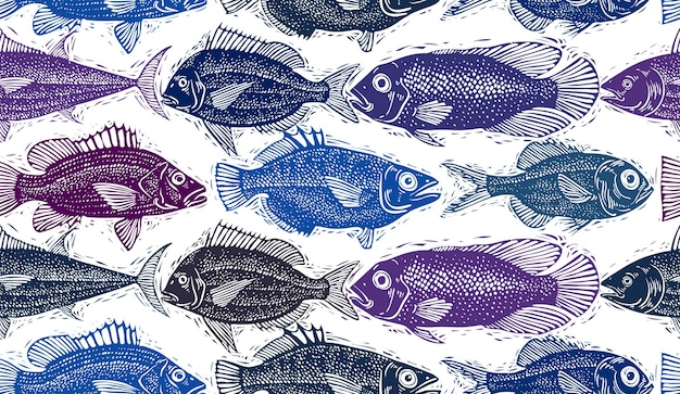 freshwater vector fish endless pattern, art nature and marine theme seamless tiling. seafood wallpaper, zoology idea background.