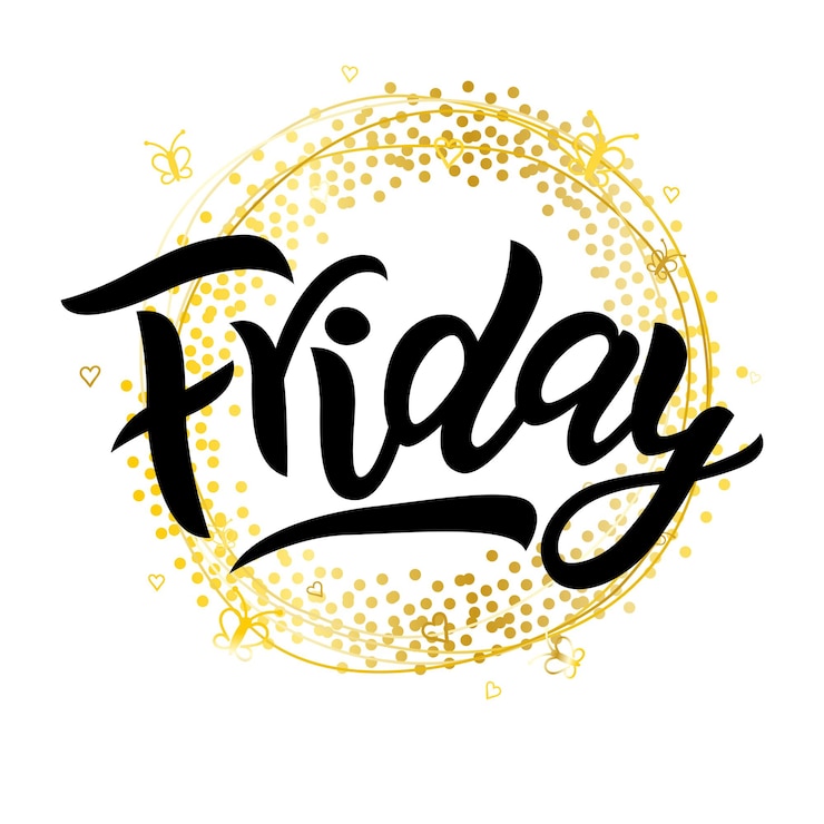 Vector friday hand drawn calligraphy lettering phrase golden wreath with batterfly and hearts