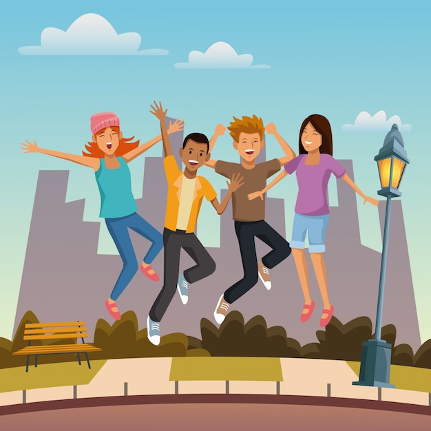 Friends jumping in the city