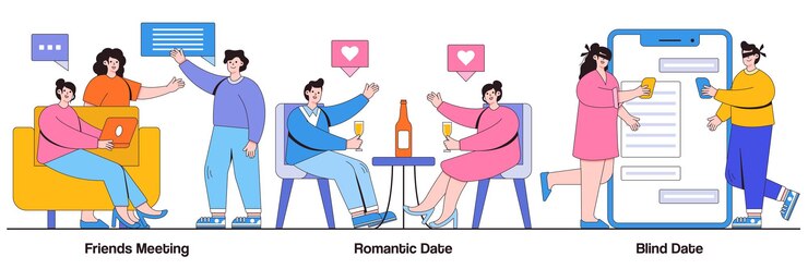 Friends meeting, romantic and blind date concept with tiny people. Hangouts vector illustration set. Leisure time, soul mate, romantic relationship, love story, Valentine day, restaurant metaphor.