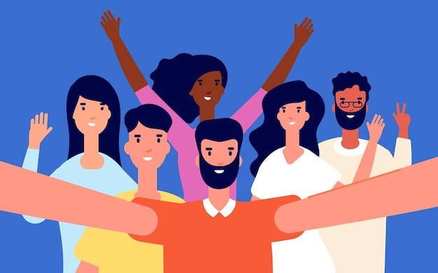 friends selfie. people group shooting, men women camera taking photo. smiling girls, happy video blogger or utter friendship vector concept. illustration selfie by smartphone, friendship photo
