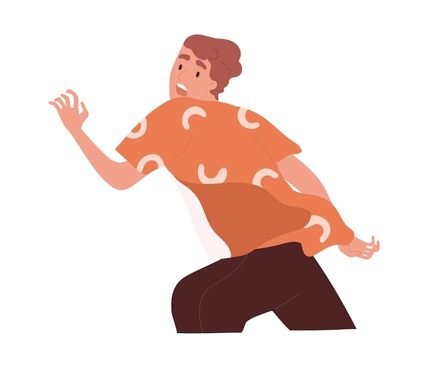 frightened and scared person escaping from danger or running away in panic terrified man with expression of fear on his face flat vector illustration of scared character isolated on white background