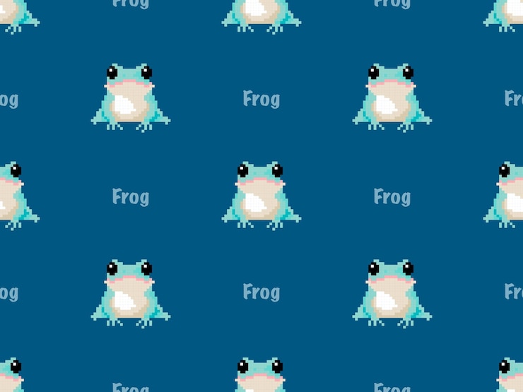 Vector frog cartoon character seamless pattern on blue backgroundpixel style