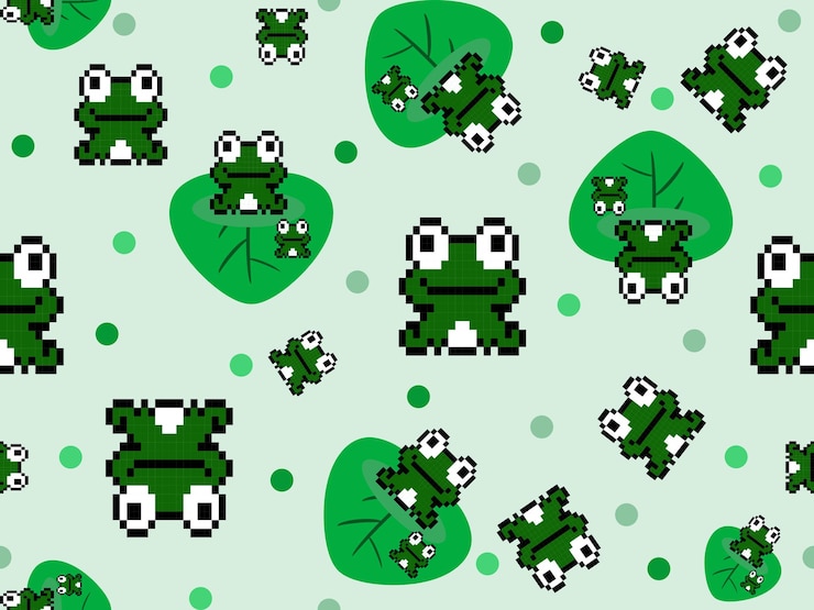 Vector frog cartoon character seamless pattern on green background pixel style