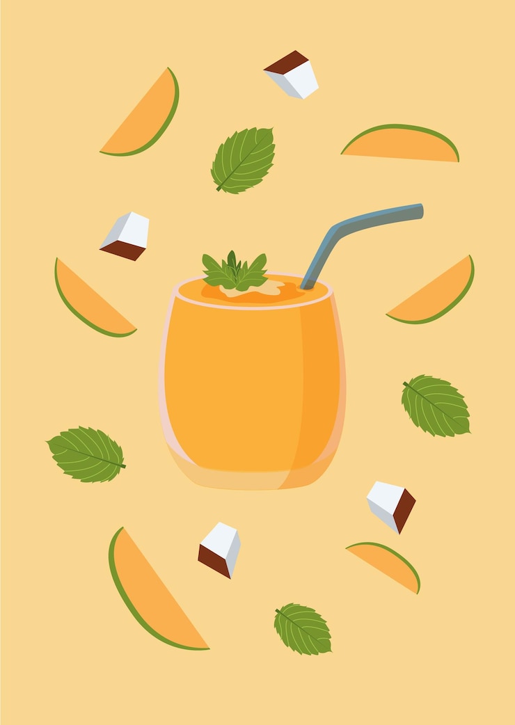 Vector fruit cocktail smoothies with melon coconut and mint o slices and cubes around the glass in cartoon
