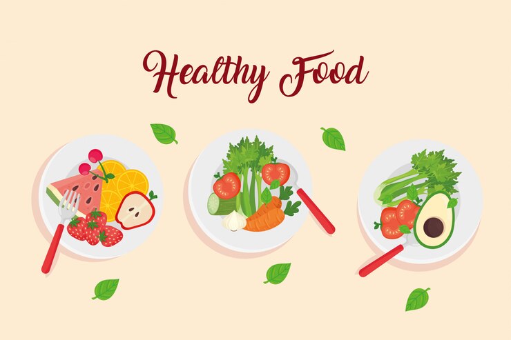 Vector fruits and vegetables in dishes, healthy food concept vector illustration design