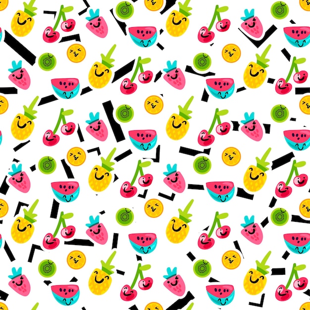 fruits emoji color seamless vector pattern. orange, kiwi, cherry emoji on lines, angles background