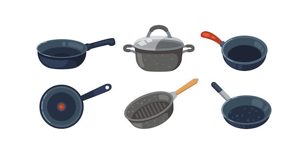 Frying pan  icons set. Kitchen pots and different pans isolated on white background.
