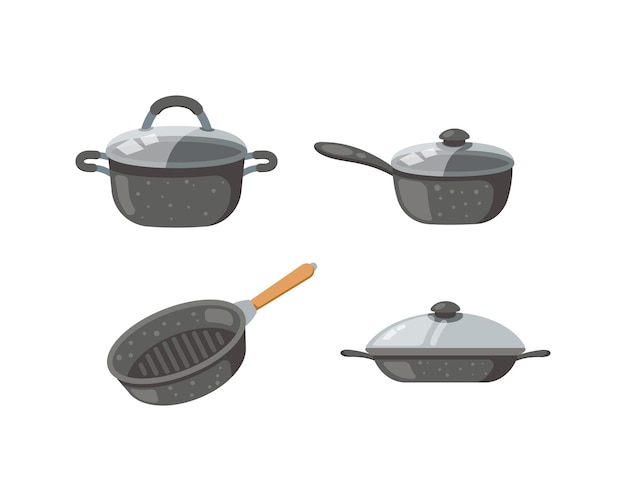 Frying pan vector icons set Kitchen pots and different pans isolated on white background