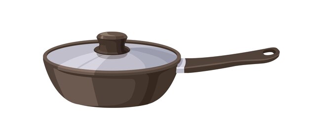 Frying pan with handle and glass lid Cast iron frypan for cooking Titanium skillet closed with cover cap Kitchen appliance kitchenware Flat vector illustration isolated on white background