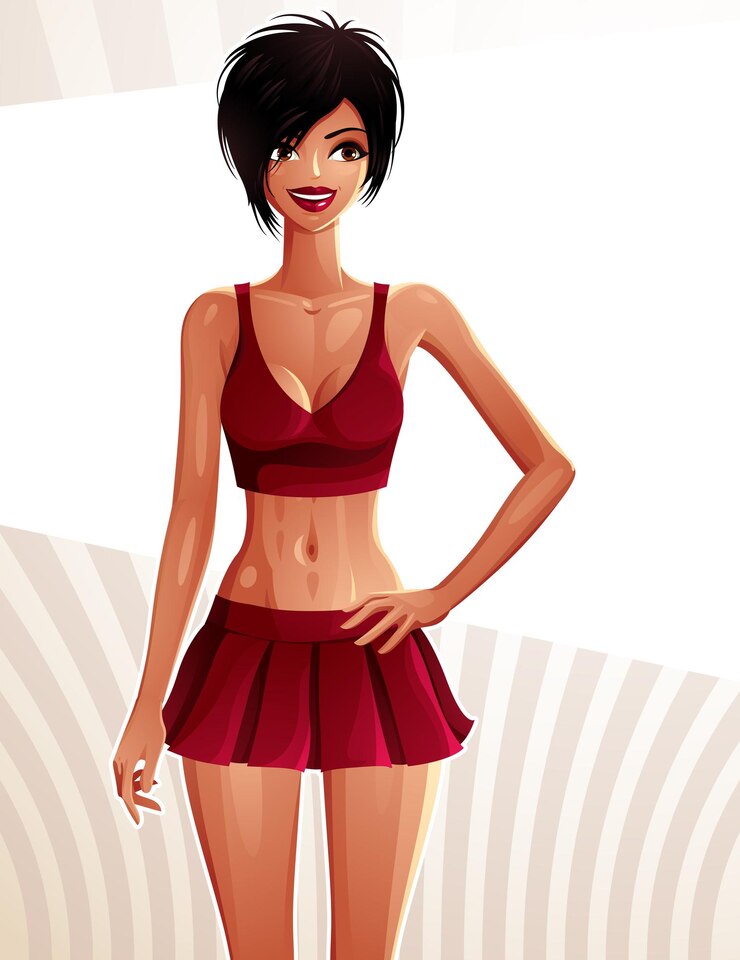 Vector full-length portrait of a gorgeous brunette sexy lady wearing a tennis skirt and a top, colorful drawing. stylish well-dressed lady holding her hand on a waist, vector illustration.