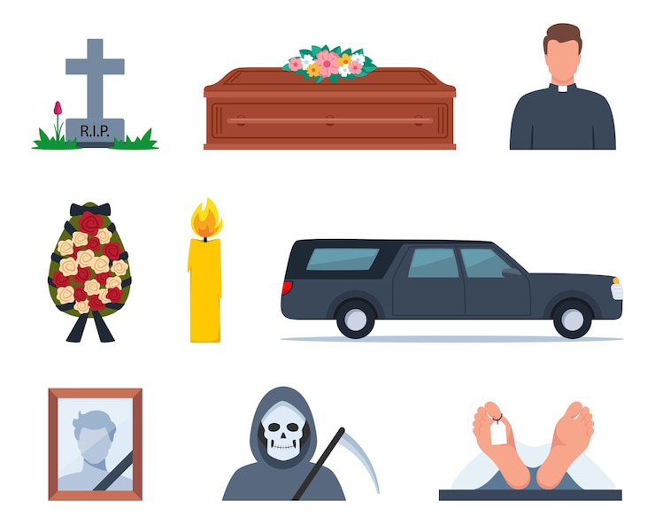 Vector funeral icons funeral accessories funeral wreath coffin tombstone urn with ashes death