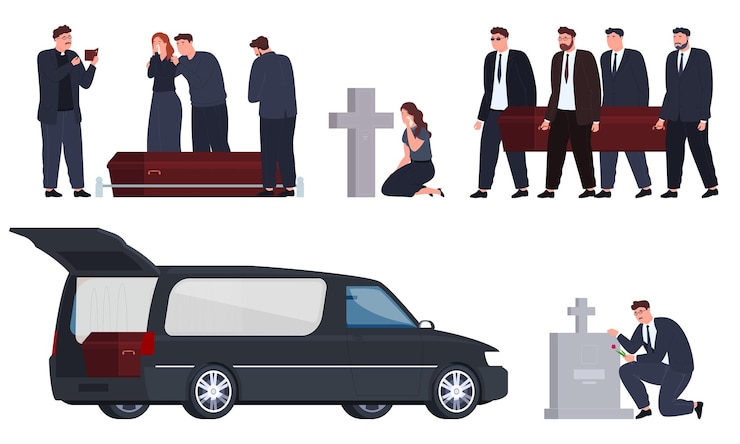 Vector funeral procession burial of relatives and friends saints lead a procession to bury a person in a grave
