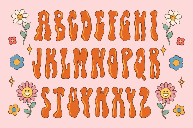 Vector funky rave groovy font from the 60s 70s in psychedelic style vector modern cartoon alphabet