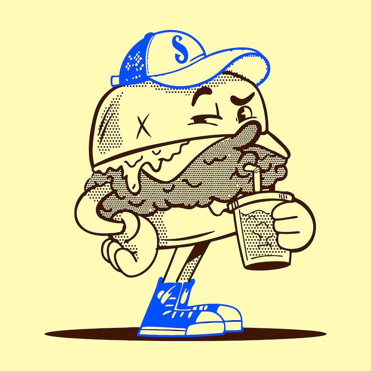 Vector funny cartoon character eat drink walk doodle tattoo set