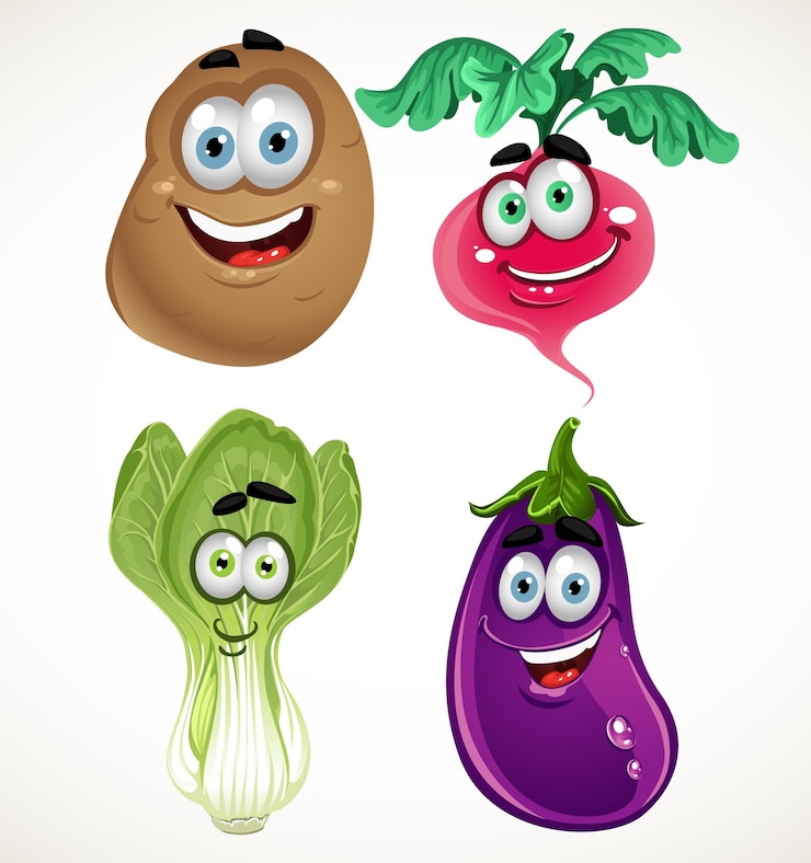 Vector funny cartoon cute vegetables lettuce radishes eggplant potatoes
