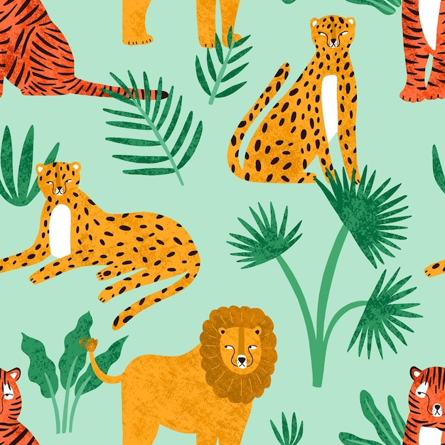 Funny feline with tropical plants seamless pattern. Cute hand drawn predators lions, tigers and leopards vector flat illustration. Exotic spotted and striped carnivorous animals with leaves.