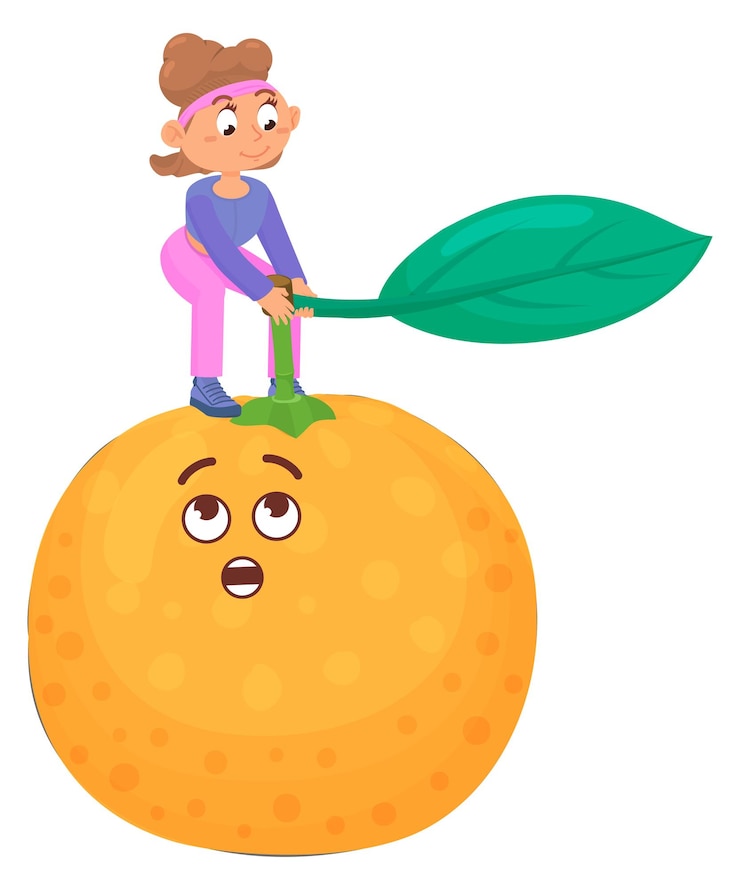 Vector funny girl play with big cartoon orange fruit isolated on white background